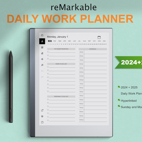 reMarkable 2 Templates 2024 2025 Daily Work Planner | Productivity Planner | Business Planner | Hyperlinked | Sunday & Monday Start