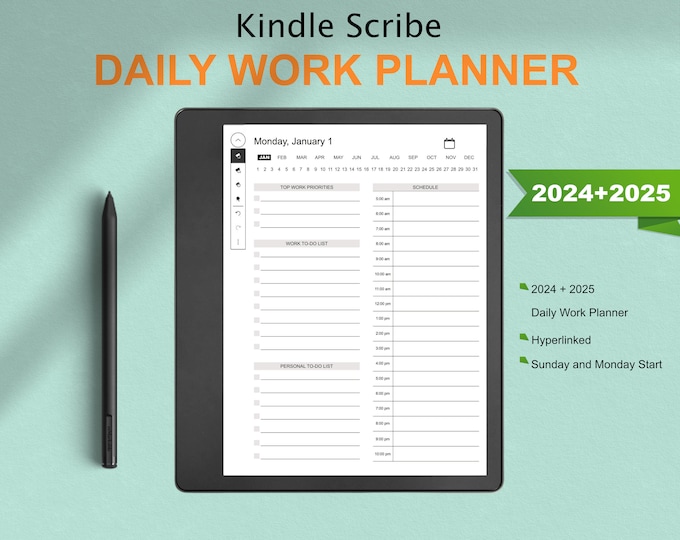 kindle scribe Templates 2024 2025 Daily Work Planner | Productivity Planner | Business Planner | Hyperlinked | Sunday & Monday Start