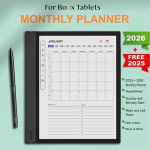 Peut inclure: Un planificateur mensuel noir et blanc pour tablettes Boox, montrant janvier 2026. Le planificateur comprend des sections de notes et de listes, et propose des dates hyperliées, des options de début le dimanche et le lundi, une utilisation de la main droite et gauche, et des options de couleur.