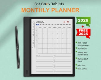 Puede incluir: Un planificador mensual en blanco y negro para tabletas Boox, que muestra enero de 2026. El planificador incluye secciones de notas y listas, y ofrece fechas hipervinculadas, opciones de inicio el domingo y el lunes, uso de la mano derecha e izquierda, y opciones de color.