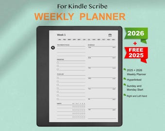 Puede incluir: Un planificador semanal digital para Kindle Scribe, con un diseño limpio y minimalista. El planificador incluye secciones para el enfoque, las prioridades, las listas de tareas y los hábitos. También se muestra el texto "For Kindle Scribe WEEKLY PLANNER" y "2026 + FREE 2025".