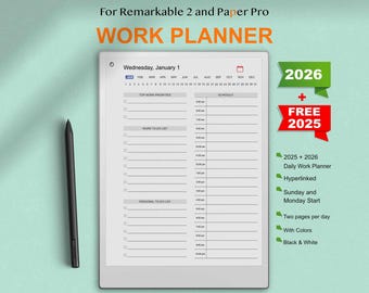 Puede incluir: Un planificador de trabajo digital para dispositivos Remarkable 2 y Paper Pro. El planificador incluye secciones para las principales prioridades de trabajo, listas de tareas y listas de tareas personales. Se ve un lápiz óptico negro. El texto dice "2026 + GRATIS 2025".