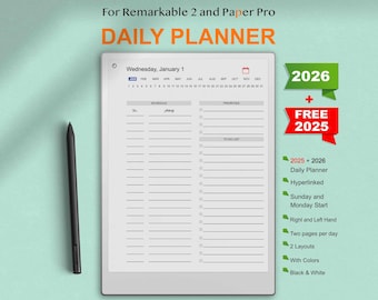 Puede incluir: Un planificador diario para las tabletas Remarkable 2 y Paper Pro. El planificador incluye un calendario, una agenda, prioridades y secciones de lista de tareas. Está disponible para los años 2025 y 2026, con páginas hipervinculadas, opciones de inicio el domingo y el lunes, y dos diseños en blanco y negro o con colores.