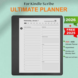 Peut inclure: Un planificateur numérique pour Kindle Scribe, avec un emploi du temps quotidien, des priorités et une liste de tâches. Le planificateur comprend le texte "ULTIMATE PLANNER" et les années 2025 et 2026. Conçu pour les droitiers et les gauchers.