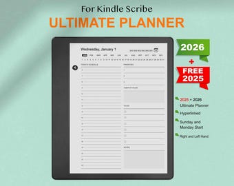Puede incluir: Un planificador digital para Kindle Scribe, con horario diario, prioridades y lista de tareas. El planificador incluye el texto "ULTIMATE PLANNER" y los años 2025 y 2026. Diseñado para usuarios diestros y zurdos.
