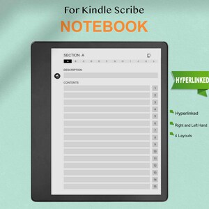 Op de afbeelding: Een digitaal notitieboek voor Kindle Scribe. Het scherm toont een notitieboekindeling met genummerde secties en de tekst "SECTIE A" en "INHOUD". De afbeelding bevat ook de tekst "Hyperlinked", "Rechter- en linkerhand" en "4 lay-outs".