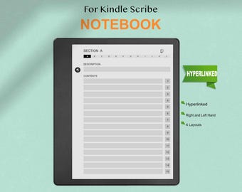 Puede incluir: Un cuaderno digital para Kindle Scribe. La pantalla muestra un diseño de cuaderno con secciones numeradas y el texto "SECCIÓN A" y "CONTENIDO". La imagen también incluye el texto "Hipervinculado", "Mano derecha e izquierda" y "4 diseños".