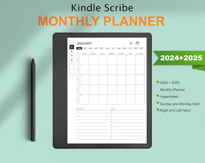 kindle Scribe Templates Monthly Planner 2024 and 2025 | Hyperlinked | Sunday & Monday Start | kindle Scribe Digital Planner 2024+2025