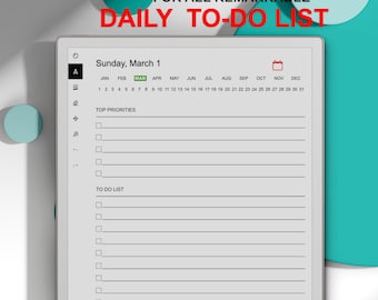 Puede incluir: Una tableta digital que muestra una lista de tareas diarias para el domingo 1 de marzo. La pantalla muestra secciones para las principales prioridades y una lista de tareas, con las palabras "DAILY TO-DO LIST" en rojo en la parte superior. Fondo turquesa.