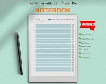 Puede incluir: Un cuaderno digital para las tabletas Remarkable 2 y Paper Pro. El cuaderno tiene 200 secciones y 1006 páginas. Es hipervinculado, tiene opciones para diestros y zurdos, y está disponible en blanco y negro o con colores. Hay 7 diseños para elegir.