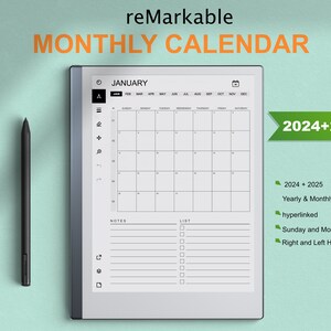 reMarkable 2 Templates Monthly Calendar 2024 and 2025 | Hyperlinked | Sunday & Monday Start | Right-Left Hand | compatible with reMarkable 1