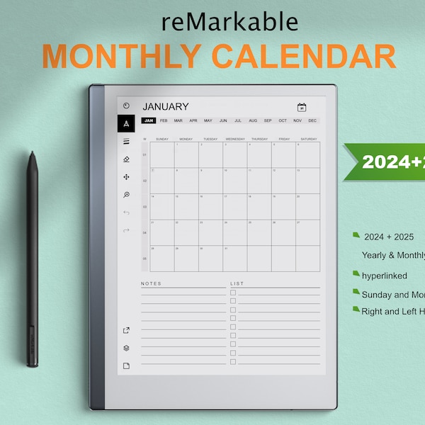 reMarkable 2 Templates Monthly Calendar 2024 and 2025 | Hyperlinked | Sunday & Monday Start | Right-Left Hand | compatible with reMarkable 1