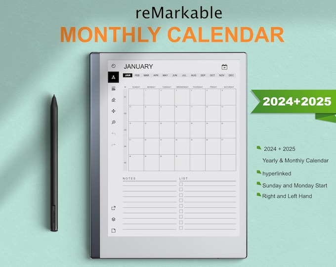 reMarkable 2 Templates Monthly Calendar 2024 and 2025 | Hyperlinked | Sunday & Monday Start | Right-Left Hand | compatible with reMarkable 1