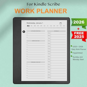 Puede incluir: Un planificador de trabajo digital para Kindle Scribe, que se muestra en una tableta negra. El planificador incluye secciones para las principales prioridades de trabajo, listas de tareas y horarios. El texto de la imagen dice "WORK PLANNER" y "2026 + FREE 2025".