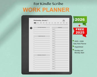 Puede incluir: Un planificador de trabajo digital para Kindle Scribe, que se muestra en una tableta negra. El planificador incluye secciones para las principales prioridades de trabajo, listas de tareas y horarios. El texto de la imagen dice "WORK PLANNER" y "2026 + FREE 2025".