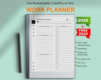 Modèles de planificateur de travail quotidien 2026 pour Remarkable 2 et Paper Pro | Lien hypertexte | Début dimanche et lundi | Compatible avec Remarkable 1