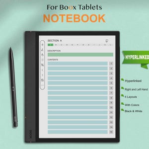 Può includere: Un tablet nero con uno stilo, che mostra un'interfaccia per notebook. Lo schermo mostra una tabella con righe numerate e il testo "SECTION A", "DESCRIPTION" e "CONTENTS". Il testo aggiuntivo include "Hyperlinked", "Right and Left Hand", "4 Layouts", "With Colors" e "Black & White".