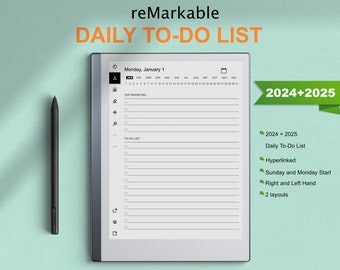 Bemerkenswerte 2 Vorlagen, 2024 2025 tägliche To-Do-Liste | Verlinkt | Sonntag & Montag Start | Rechts-Links Hand | kompatibel mit reMarkable 1