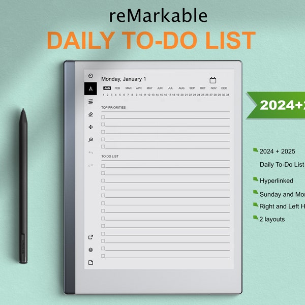 Modelli Remarkable 2, Elenco delle cose da fare giornaliere 2024 2025 / Collegamento ipertestuale / Inizio domenica e lunedì / Mano destra-sinistra / compatibile con reMarkable 1