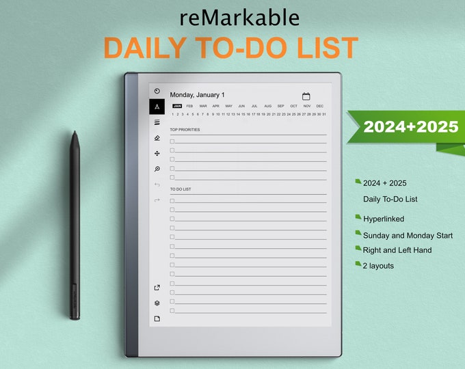 Remarkable 2 Templates, 2024 2025 Daily To-Do List | Hyperlinked | Sunday & Monday Start | Right-Left Hand | compatible with reMarkable 1