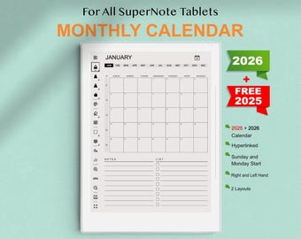 Puede incluir: Un calendario digital blanco para tabletas SuperNote, que muestra el mes de enero de 2026. El calendario incluye una sección de notas y una sección de lista. La imagen también incluye texto que dice "2026 + 2025 Calendario, Hipervínculo, Domingo y Lunes de Inicio, Mano Derecha e Izquierda, 2 Diseños".