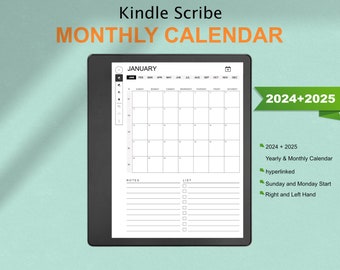 kindle Scribe Templates Monthly Calendar 2024 and 2025 | Hyperlinked | Sunday & Monday Start | kindle Scribe Calendar