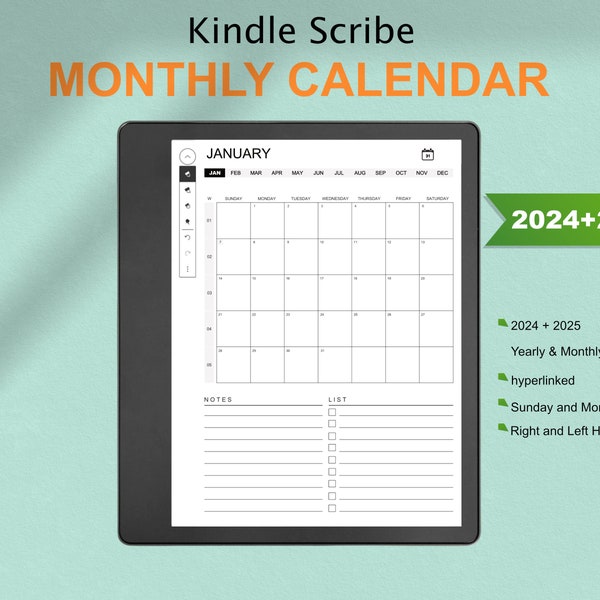 kindle Scribe Templates Monthly Calendar 2024 and 2025 | Hyperlinked | Sunday & Monday Start | kindle Scribe Calendar