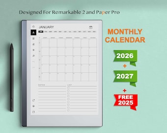 2026+2027 Monthly Calendar for Remarkable, Remarkable Paper Pro Yearly and Calendar Planner, Remarkable 2 Templates Digital Planner