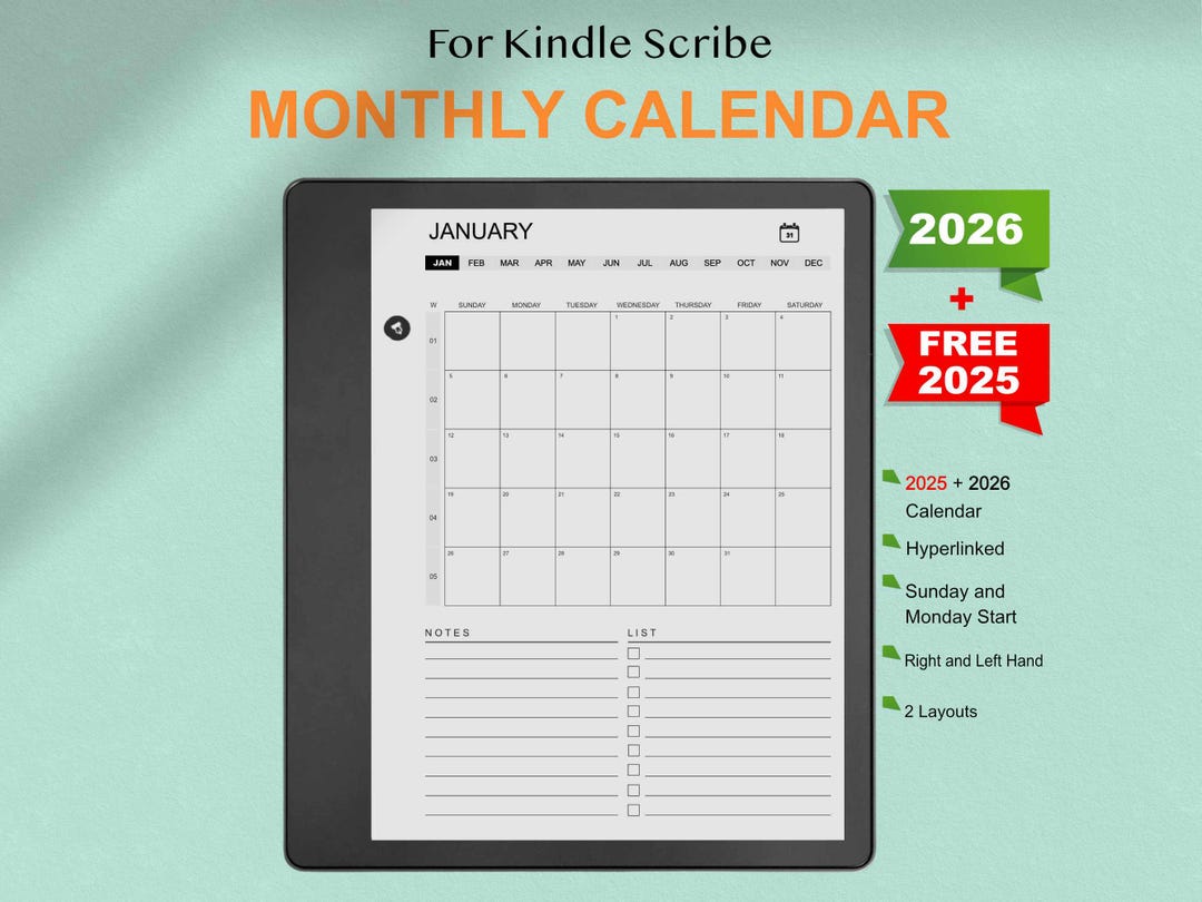 2026 Calendar for Kindle Scribe | Yearly Overview & Monthly Planner ...
