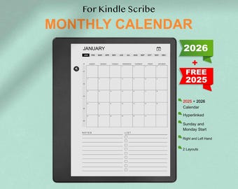 Puede incluir: Calendario mensual digital para Kindle Scribe, con un diseño minimalista. El calendario muestra el mes de enero con espacio para notas y listas. Incluye calendarios 2025 y 2026, con hipervínculos, con opciones de inicio en domingo y lunes.