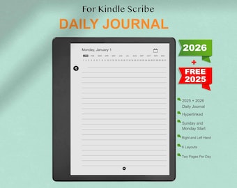 Puede incluir: Diario digital diario para Kindle Scribe. La pantalla muestra una página con líneas con la fecha lunes 1 de enero. El texto "DAILY JOURNAL" es naranja. Incluye versiones 2025 y 2026, con hipervínculos, con 6 diseños y dos páginas por día.