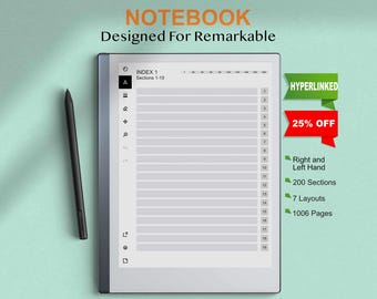 Interactive Hyperlinked Notebook for ReMarkable 2, 1, Paper Pro – 199 Sections × 5 Pages | Two Versions: Color & Black and White