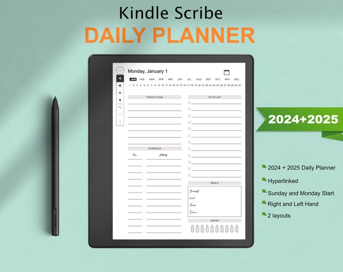 kindle Scribe Templates Daily Planner 2024 and 2025 | Hyperlinked | Sunday & Monday Start | kindle Scribe Digital planner
