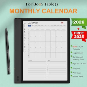 Peut inclure: Un calendrier mensuel noir et blanc pour tablettes Boox, affichant janvier 2026. Il comprend un calendrier 2025 gratuit, des dates hyperliées, des options de début le dimanche et le lundi, des mises en page droite et gauche, et des options de couleur.
