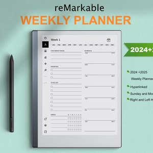 reMarkable 2 Templates Weekly Planner 2024 and 2025 | Hyperlinked | Sunday & Monday Start | Right-Left Hand | compatible with reMarkable 1