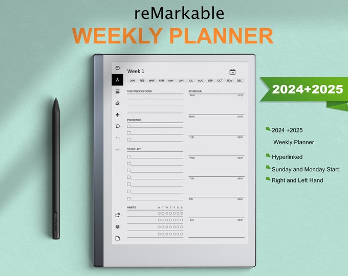 reMarkable 2 Templates Weekly Planner 2024 and 2025 | Hyperlinked | Sunday & Monday Start | Right-Left Hand | compatible with reMarkable 1