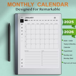 Modelli di calendario mensile per Remarkable 2 / 2025-2026 / Con collegamento ipertestuale / Inizio domenica-lunedì / Da destra a sinistra / Compatibile con Remarkable 1