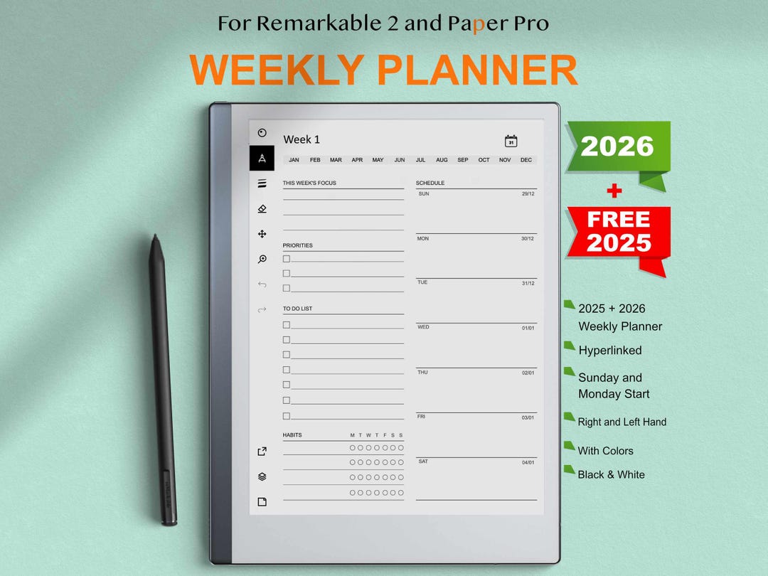 2026 Weekly Planner for Remarkable 2 and Paper Pro, Hyperlinked, Sunday ...