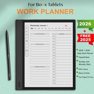 Op de afbeelding: Een zwart-witte digitale planner voor Boox-tablets, die een dagelijkse werkplanner voor woensdag 1 januari 2026 laat zien. De planner bevat secties voor de belangrijkste werkprioriteiten, de werk-to-do-lijst, de persoonlijke to-do-lijst en een schema. De planner is beschikbaar voor zowel 2025 als 2026, is hyperlinked en heeft een start op zondag en maandag. Hij is beschikbaar in zowel zwart-wit als met kleuren.