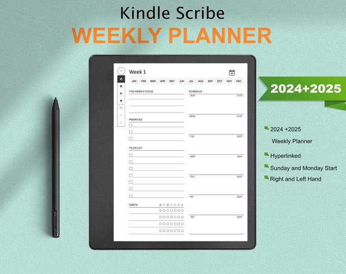 kindle Scribe Templates 2024 + 2025 Weekly Planner | Hyperlinked | Sunday & Monday Start | 2024 2025 Wekkly and Monthly Digital Planner