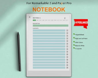 Puede incluir: Una plantilla de cuaderno digital para las tabletas Remarkable 2 y Paper Pro. La plantilla se titula "SECTION A" y tiene una sección de descripción y una sección de contenido. La plantilla tiene 15 filas numeradas para enumerar elementos.