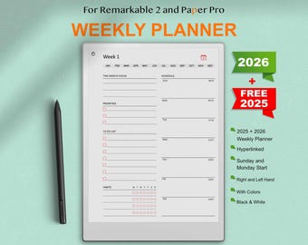 Puede incluir: Un planificador semanal para las tabletas Remarkable 2 y Paper Pro. El planificador incluye secciones para prioridades, listas de tareas, hábitos y un horario diario. El planificador está diseñado para 2025 y 2026 e incluye hipervínculos, opciones de inicio el domingo y el lunes, uso de la mano derecha y la izquierda, y opciones de color y blanco y negro.