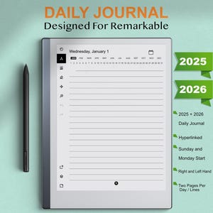 Daily Journal Templates for Remarkable 2 | 2025-2026 | Hyperlinked | Sunday-Monday Start | Right-Left Hand | Compatible With Remarkable 1
