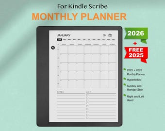 Puede incluir: Un planificador mensual digital para Kindle Scribe, con un diseño de calendario para enero. El planificador incluye una sección de notas y una lista de verificación. La imagen también destaca los años 2025 y 2026, con el texto "Planificador mensual" e "Hipervínculo".