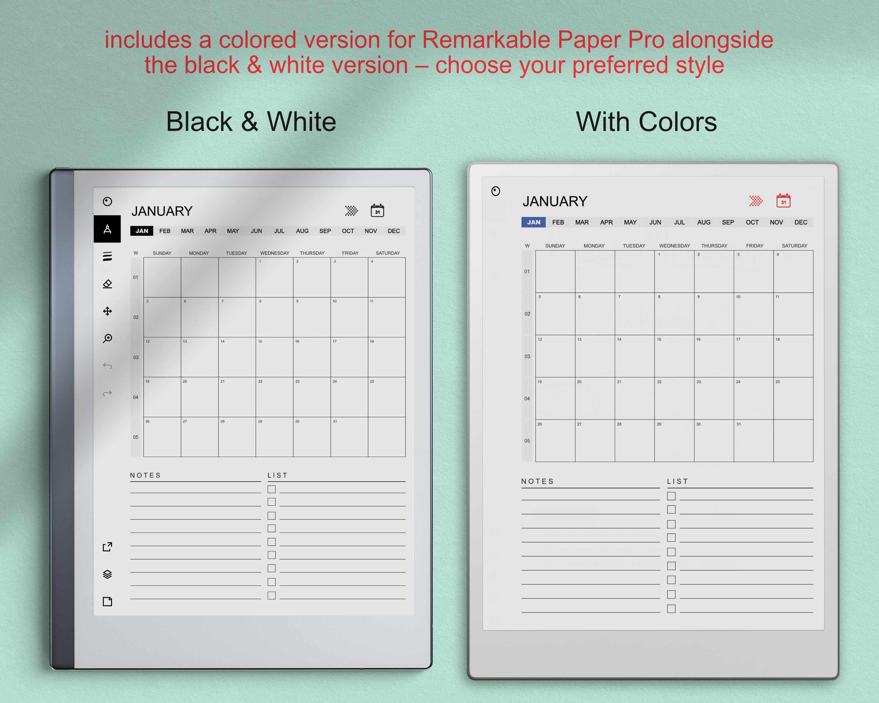 2026 Monthly Planner for Remarkable 2 and Paper Pro, Yearly and Monthly ...