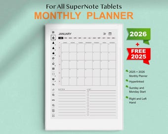 Puede incluir: Un planificador mensual en blanco y negro para 2025 y 2026, con una cuadrícula de calendario, una sección de notas y una sección de lista. El planificador está diseñado para tabletas SuperNote y presenta fechas hipervinculadas, opciones de inicio el domingo y el lunes, y uso para diestros y zurdos.