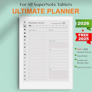 Può includere: Un tablet SuperNote bianco che mostra una pagina di pianificazione digitale. Lo schermo mostra un layout di programma giornaliero con sezioni per attività e note. Il testo in alto recita "ULTIMATE PLANNER" e "For All SuperNote Tablets". Include un'offerta "2026 + FREE 2025".