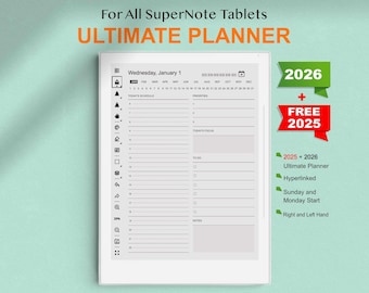 Puede incluir: Una tableta SuperNote blanca que muestra una página de planificador digital. La pantalla muestra un diseño de horario diario con secciones para tareas y notas. El texto en la parte superior dice "ULTIMATE PLANNER" y "For All SuperNote Tablets". Incluye una oferta "2026 + FREE 2025".