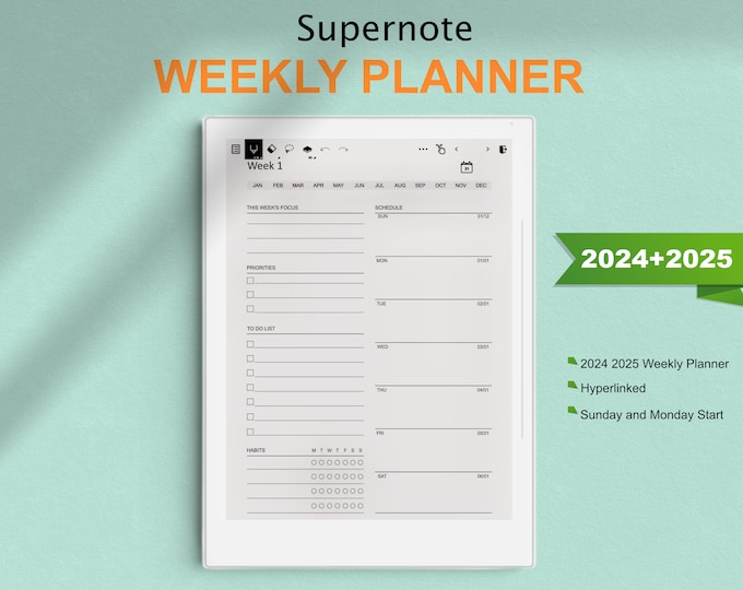 Supernote Templates, 2024 2025 Weekly Planner, 2024 2025 Digital Planner, Supernote A5 / A5X / A6 / A6X.