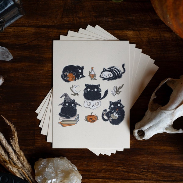 6 Postcards - Witchy Cats Postcard Set 01 - Halloween greeting cards, dark and spooky magic black cats, Halloween gift idea for witches